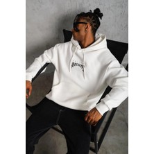 Erkek Baskılı Kapüşonlu ve Kanguru Cepli Sweatshirt Hoodie - Beyaz