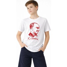 Erkek Çocuk Atatürk Baskılı Tişört Kısa Kollu Bisiklet Yaka T-Shirt - Beyaz