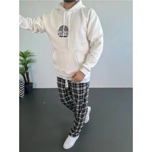 Baskılı Üç Iplik Kapüşonlu Oversize Sweatshirt - Beyaz