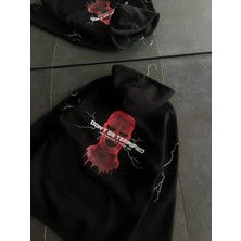 Üç Iplik Kapüşonlu Baskılı Oversize Sweatshirt- Siyah