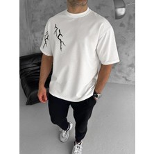 Bisiklet Yaka Baskılı Oversize T-Shirt - Beyaz