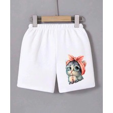 Beli Lastikli Baskılı Mini Şort - Beyaz
