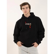 Baskılı Oversize Üç Iplik Kapüşonlu Sweatshirt - Siyah
