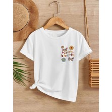 Kız Çocuk Bisiklet Yaka Baskılı T-Shirt - Beyaz
