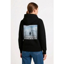 Kadın 3 Iplik Pamuklu Kapüşonlu Hoodie Sweatshirt Survivor Penguen Baskılı - Siyah