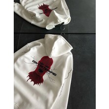 Üç Iplik Kapüşonlu Baskılı Oversize Sweatshirt- Beyaz