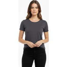 Kadın T-Shirt Bisiklet Yaka Slim Fit Likralı Tişört Yazlık Basic Body - Füme