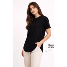 Kadın Basic T-Shirt Kısa Kol Bisiklet Yaka Oval Kesim Tişört - Siyah