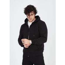 Tam Fermuarlı Kapşonlu  Sweatshirt - Siyah