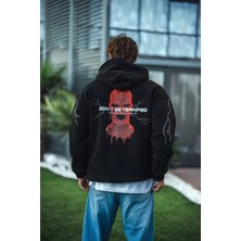 Üç Iplik Kapüşonlu Baskılı Oversize Sweatshirt- Siyah