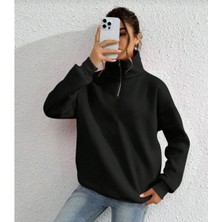 Uzun Kol Yarım Farmuarlı Yakalı Basic Sweatshirt - Siyah