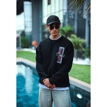 Uzun Kol Bisiklet Yaka Ön ve Arka Baskılı Sweatshirt - Siyah