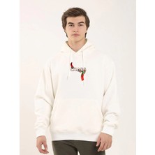Baskılı Oversize Üç Iplik Kapüşonlu Sweatshirt - Beyaz