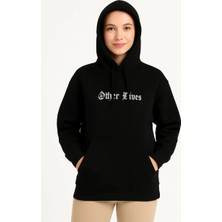 Kapşonlu Sweatshirt – Oversize“other Lives” Ön  Arka Baskılı, Siyah