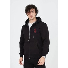 Baskılı Tam Fermuarlı Kapşonlu Sweatshirt - Siyah