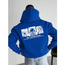 Kapüşonlu Oversize Hoodie – Üç Iplik Pamuklu, Astronot Temalı Renkli Dünya Baskılı, Kangu