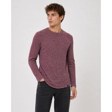 Erkek Dokulu Çizgili Uzun Kollu Tişört Oval Kesim - Bordo
