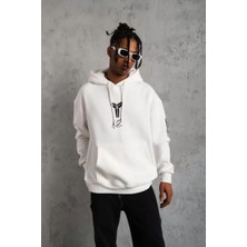 Sırt Baskılı Kapüşonlu Üç Iplik Oversize Sweatshirt - Beyaz