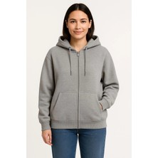 Üç Iplik Kapüşonlu Tam Fermuarlı Kanguru Çepli Sweatshirt Hoodie - Gri