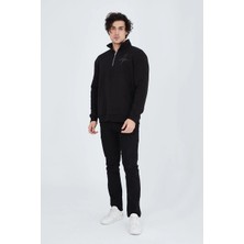 Yarım Fermuarlı Baskılı Sweat - Siyah