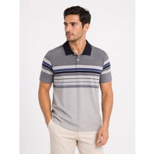 Erkek Flamlı Penye Çizgili Polo Yaka Tişört Kısa Kol Yazlık T-Shirt - Gri