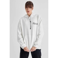 Kapüşonlu Sırt Baskılı Üç Iplik Oversize Sweatshirt - Beyaz