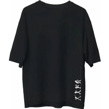 Bisiklet Yaka Baskılı Oversize T-Shirt - Siyah