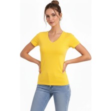 Kadın T-Shirt V Yaka Slim Fit Likralı Tişört Yazlık Basic Body - Sarı