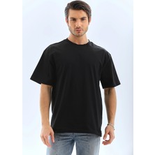 Oversize Düz Bisiklet Yaka T-Shirt - Siyah