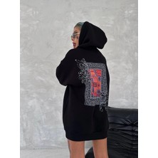 Uzun Kol Kapüşonlu Ön ve Arka Baskılı Sweatshirt - Siyah