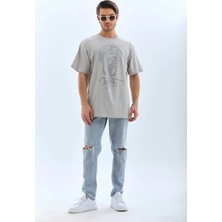 Oversize Taşlı Bisiklet Yaka T-Shirt - Gri