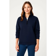Üç Iplik Dık Yaka Yarım Fermuarlı Sweatshirt - Lacivert