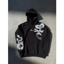 Uzun Kol Kapüşonlu Baskılı Sweatshirt - Siyah