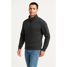 Dik Yaka Sweatshirt Dik Yaka Yarım Fermuarlı 3 Iplik Şardonlu Pamuk Kumaş - Antrasit