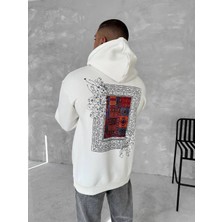 Uzun Kol Kapüşonlu Ön ve Arka Baskılı Sweatshirt - Beyaz