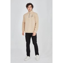 Yarım Fermuarlı Baskılı Sweat - Bej