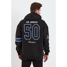 Baskılı Kapşonlu Üç Iplik Oversize Sweatshirt - Siyah