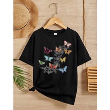 Kız Çocuk Bisiklet Yaka Baskılı T-Shirt - Siyah