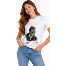 Kız Çocuk Atatürk Baskılı Tişört Kısa Kollu Bisiklet Yaka T-Shirt - Beyaz