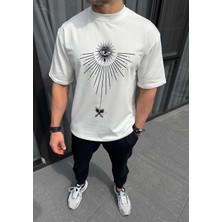 Bisiklet Yaka Baskılı Oversize T-Shirt - Beyaz