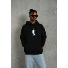 Erkek Survivor Penguin Baskılı 3 Iplik Pamuklu Kapüşonlu Sweatshirt Hoodie Siyah