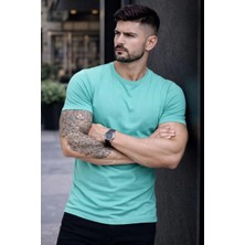 Erkek Body Tişört Bisiklet Yaka Slim Fit Likralı T-Shirt - Turkuvaz