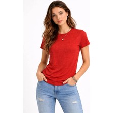 Kadın Flam Kumaş Melanj Dokulu Regular Fit Tişört Bisiklet Yaka Yazlık T-Shirt - Kiremit