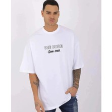 Bisiklet Yaka Baskılı Oversize T-Shirt - Beyaz