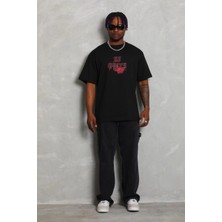 Oversize Baskılı Bisiklet Yaka T-Shirt - Siyah