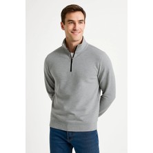 Dik Yaka Sweatshirt Dik Yaka Yarım Fermuarlı 3 Iplik Şardonlu Pamuk Kumaş - Gri