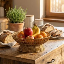 25 cm Plastik Rattan Servis Çanağı – Doğal Hasır Görünümlü Dekoratif Meyve, Ekmek ve Sun