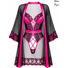 Intive Lingerie Intive Sugar Siyah Tül ve Pembe Kalp Detaylı Fantezi Büstiyer Transparan Sabahlık Takım
