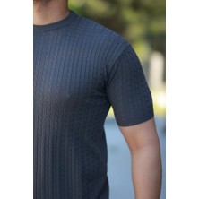 Korpeelektro Erkek Bisiklet Yaka Örgü Desenli Kısa Örme Triko Kısa Kollu T-Shirt