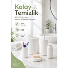 Eco Lounge 5 Parça Beyaz Banyo Seti Diş Fırçalık Çöp Kovası Sabunluk Sıvı Sabunluk Tuvalet Fırçası